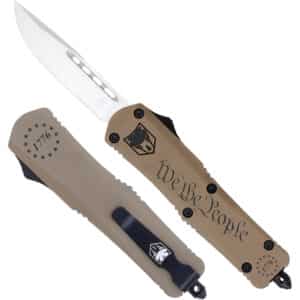 CobraTec Knives SWTPFS3DNS FS-3 We The People Small 2.75" OTF Drop Point Plain Aluminum Cerakoted D2 Steel Blade, Tan "We The People" Aluminum Handle