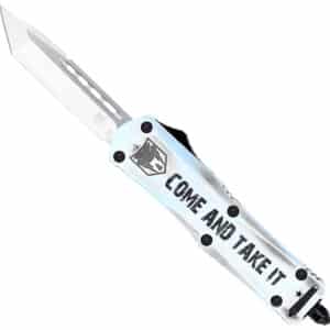 CobraTec Knives SCATIFS3TNS FS-3 Come And Take It Small 3" OTF Tanto Plain Satin D2 Steel Blade, 4.50" White "Come And Take It" Aluminum Cerakoted Handle
