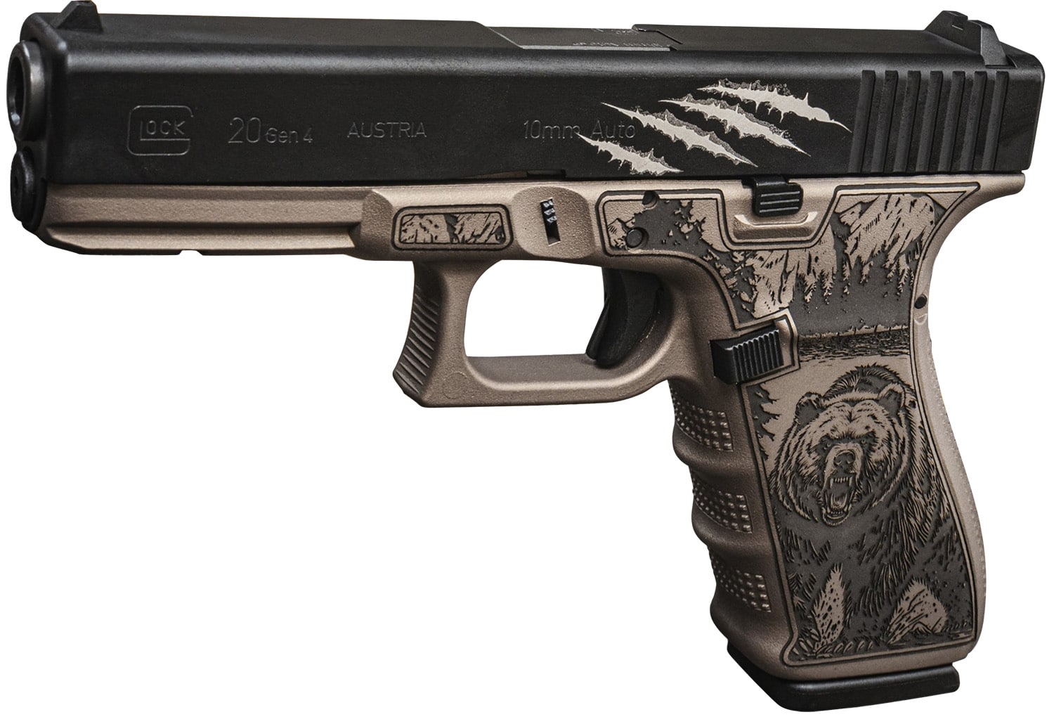 Glock G20 Gen4 full-size handgun 4.61 inch barrel black slide rose gold Kodiak frame