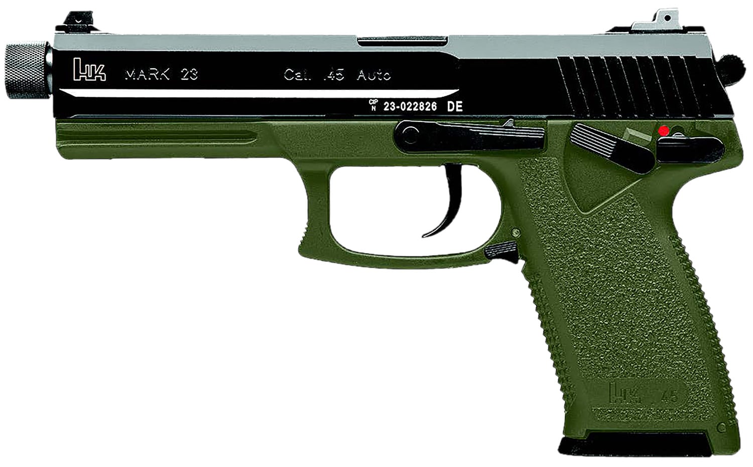 Heckler & Koch Mark 23 .45 ACP pistol with 5.87 inch threaded barrel and OD green frame