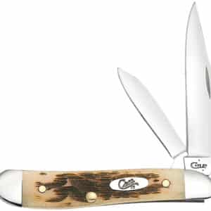 Case 00045 Peanut  2.10"/1.53" Folding Clip Point/Pen Plain Mirror Polished Tru-Sharp SS Blade, Peach Seed Jigged Amber Jigged Bone Handle