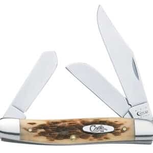 Case 00128 Stockman  Medium 2.92"/2.15"/1.90" Folding Clip/Sheepsfoot/Spey Plain Mirror Polished Tru-Sharp SS Blade/Peach Seed Jigged Amber Bone Handle