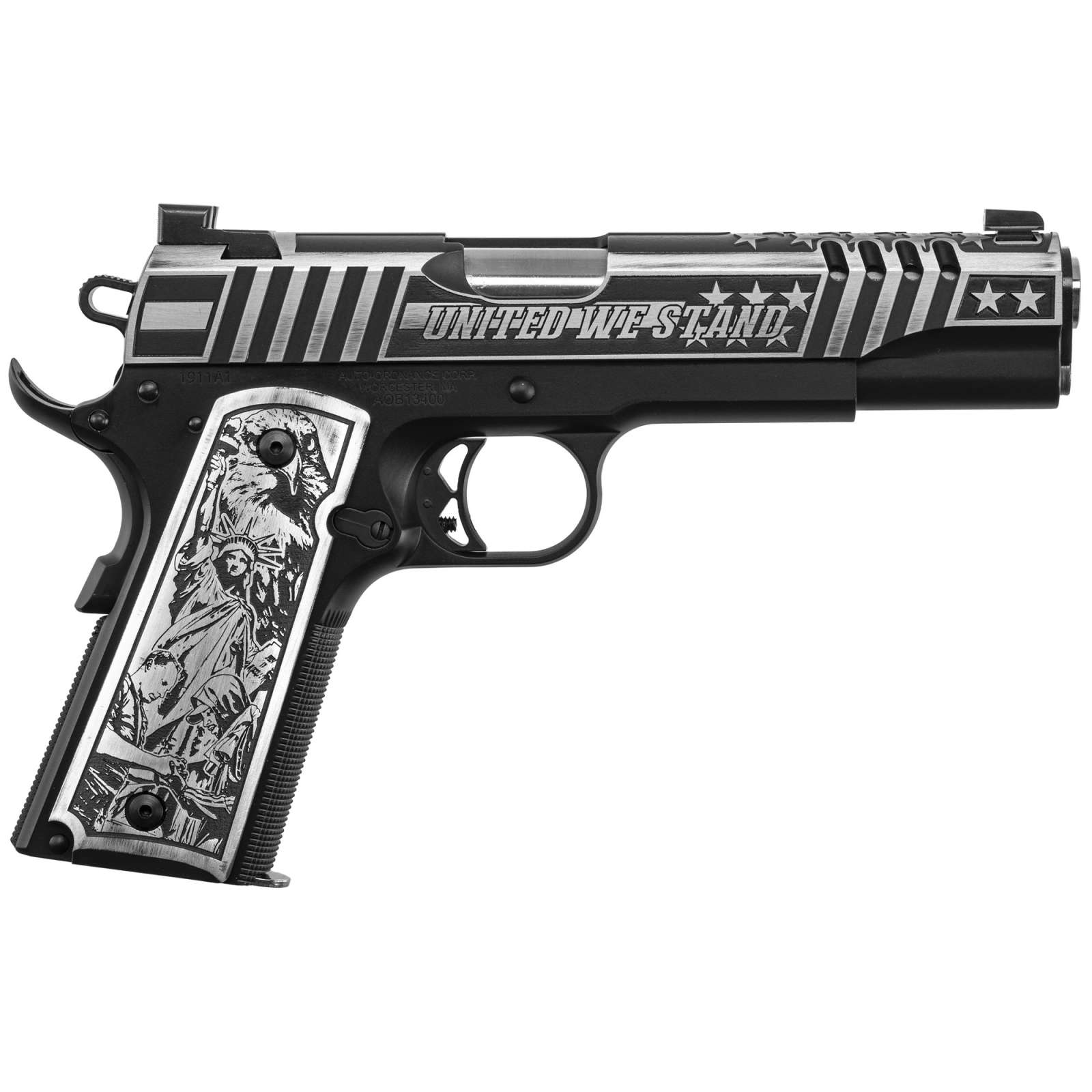 Auto-Ordnance 1911 United We Stand .45 ACP 5 inch pistol Black Armor Cerakote with engraved aluminum grips
