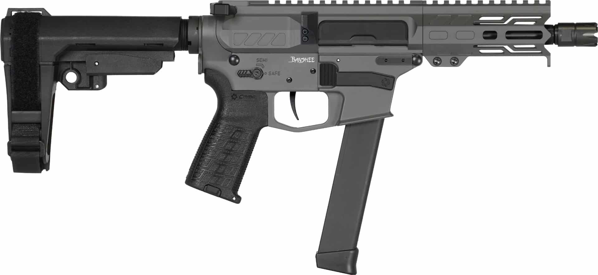 CMMG Banshee MkGs 9mm pistol, Tungsten finish, 5-inch barrel, 4-inch M-LOK handguard, SBA3 arm brace