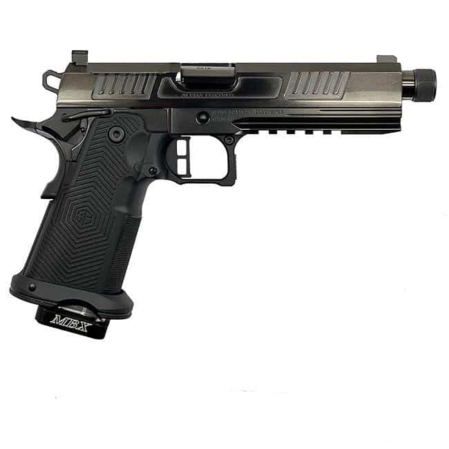 Alpha Foxtrot AF1911 Romulus 9mm Luger pistol with 5-inch threaded barrel and polished DLC black finish