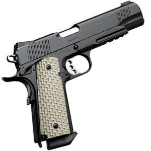 Kimber Warrior II .45 ACP 5 inch black pistol with tritium night sights and light tan G-10 grips