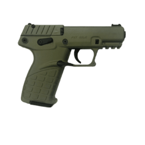 Keltec P17 .22 LR pistol in olive drab green with threaded barrel and fiber optic sight