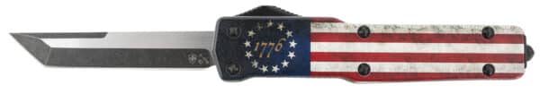 Templar Knife MZBRF221 Premium Weighted Slim 3.16" OTF Tanto Plain Black Oxide Stonewashed Powdered D2 Steel Blade/4.93" Betsy Ross Flag Aluminum Zinc Alloy Handle