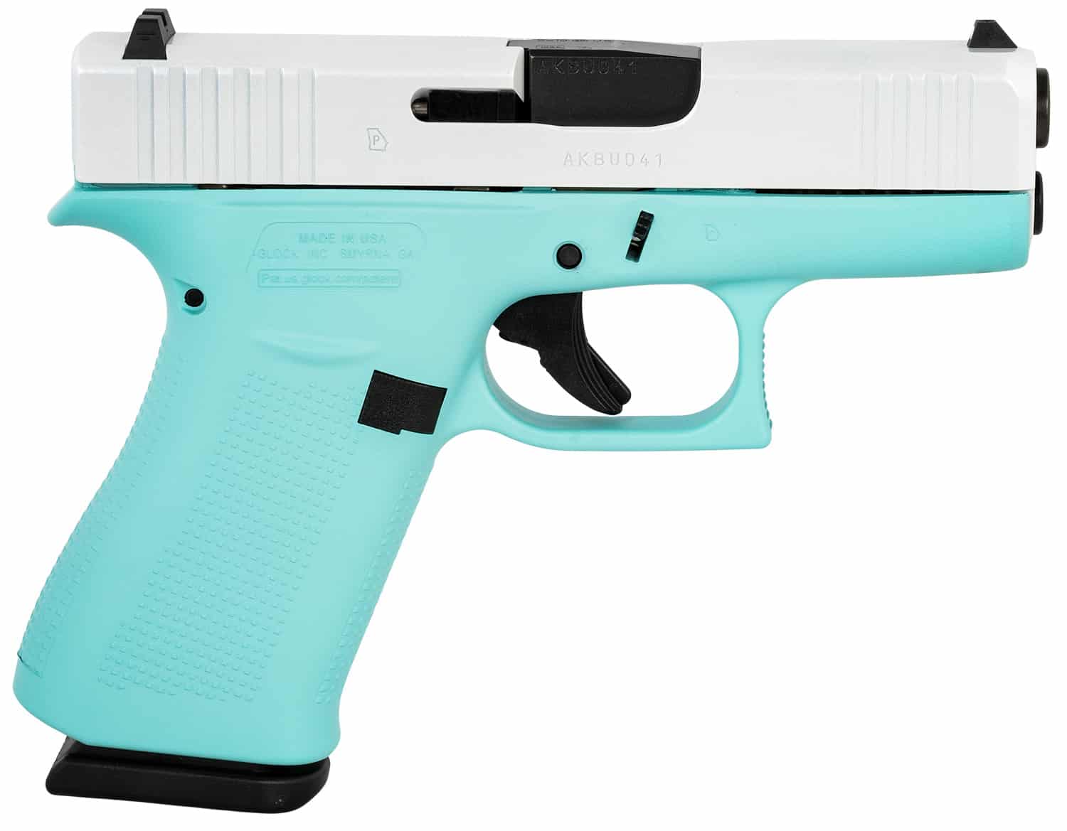 Glock 43X 9mm pistol with pearl white Cerakote slide and robin's egg blue polymer frame, 3.41 inch barrel