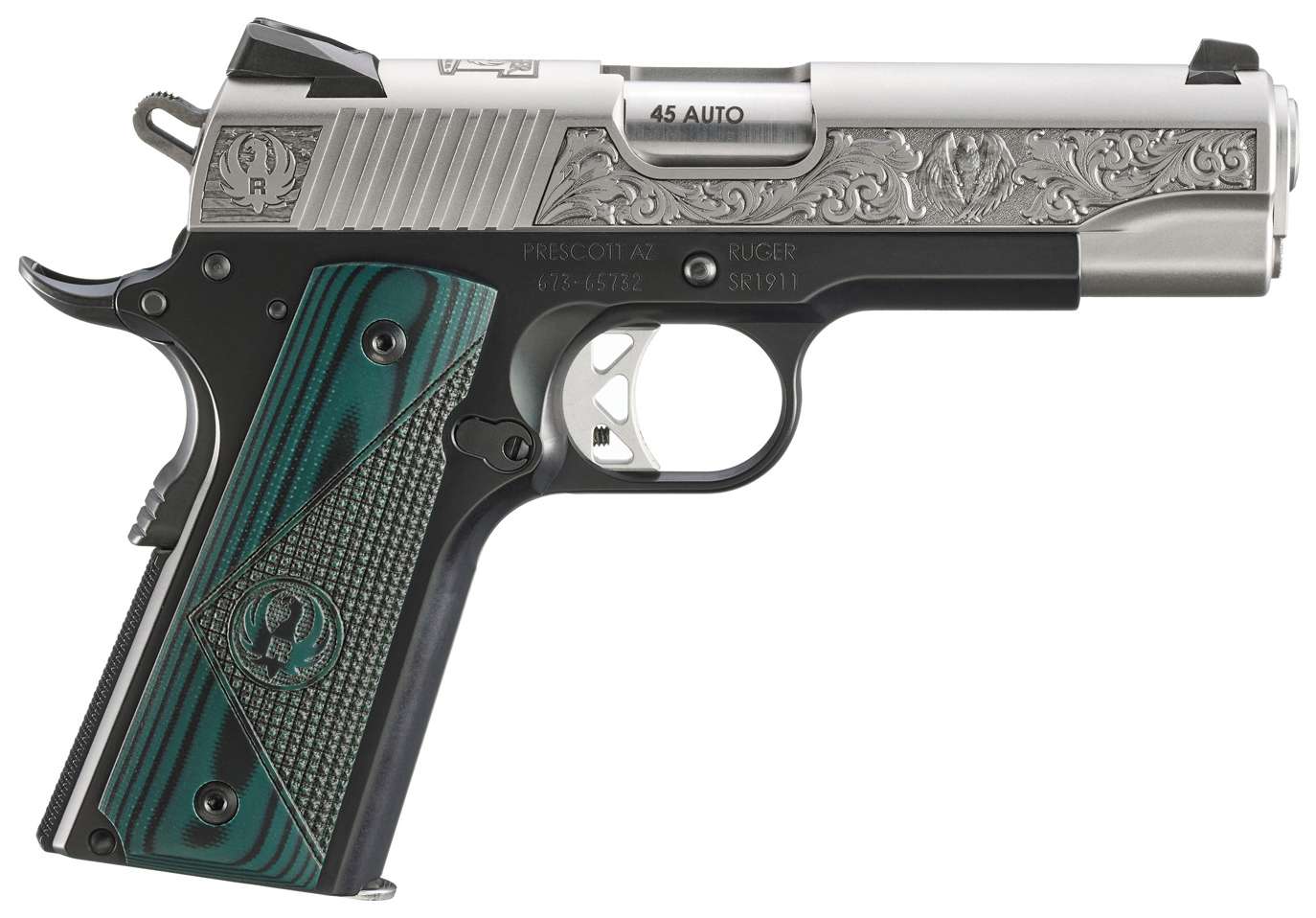 Ruger SR1911 Mayodan NC Edition .45 ACP pistol with engraved stainless slide and green black G10 grips