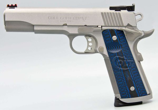 Colt Gold Cup Trophy .38 Super Auto 5 inch stainless pistol with blue G10 grips
