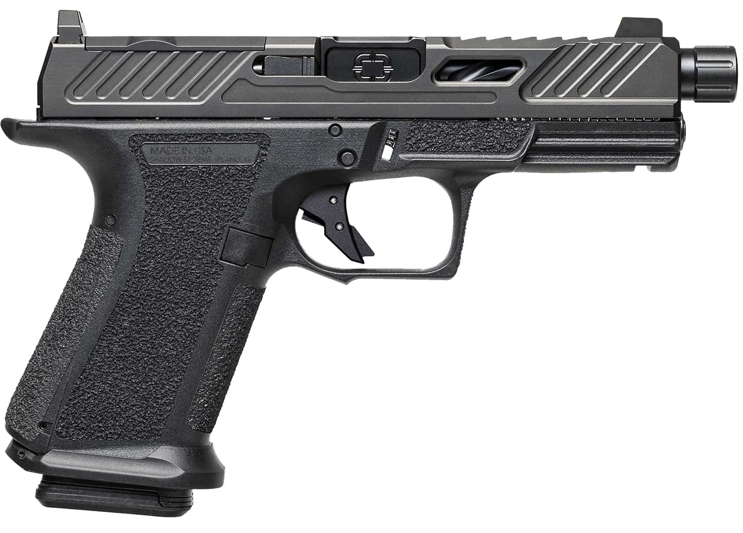 Shadow Systems MR920 9mm compact pistol with 4.5-inch threaded fluted barrel and black nitride finish