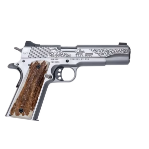 KIMBER CUSTOM CATTLEMAN 1911 45ACP PISTOL STAINLESS ENGRAVED, STAG GRIPS