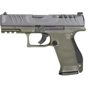 Walther Arms PDP 9mm pistol with 4-inch barrel and green polymer frame, matte black finish