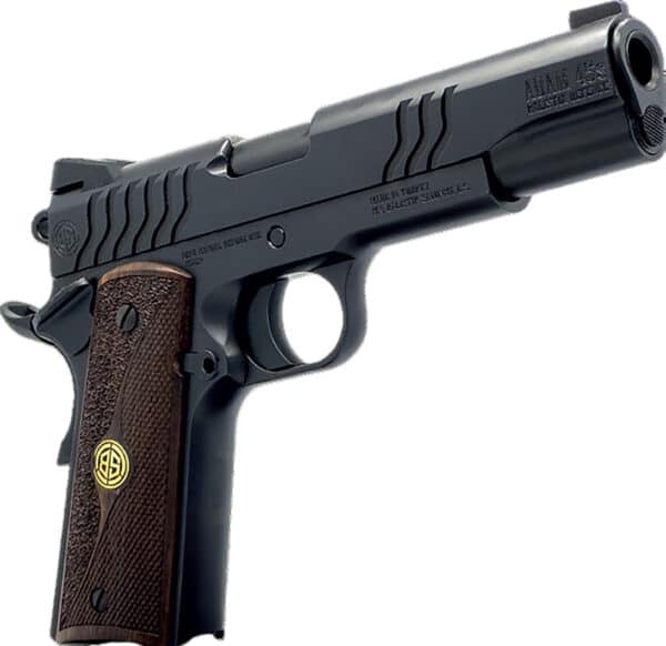 Dickinson Adam 1911 9mm Luger pistol with shiny black serrated slide and wood grips