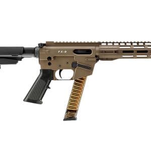 Freedom Ordnance FX9P10S-FDE 9mm Luger pistol in Flat Dark Earth with SBA3 brace and faux suppressor