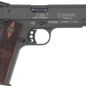 BLG Mauser 1911 .22 LR 5 in pistol with green frame and walnut grips