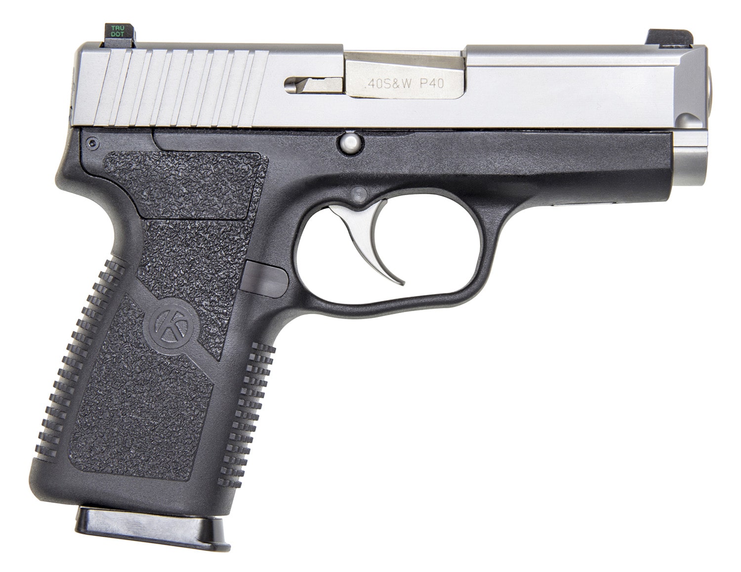 Kahr P40 .40 S&W pistol with black polymer frame and matte stainless slide