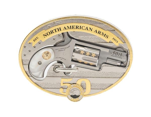 North American Arms Mini Revolver .22 LR stainless 50th anniversary with white pearl-style grips and belt buckle