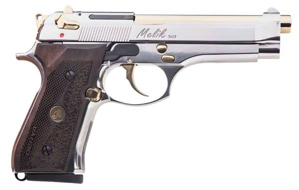 Derya Melik 9mm pistol with 4.9 inch Gold TiN barrel and fixed sights