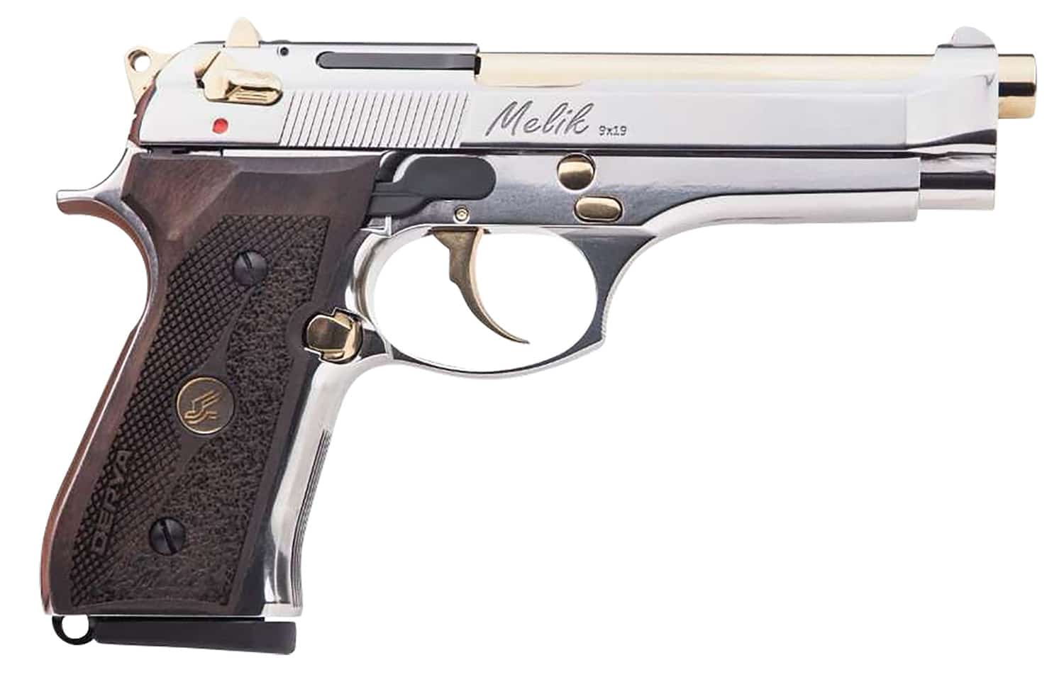 Derya Melik 9mm pistol with 4.9 inch Gold TiN barrel and fixed sights