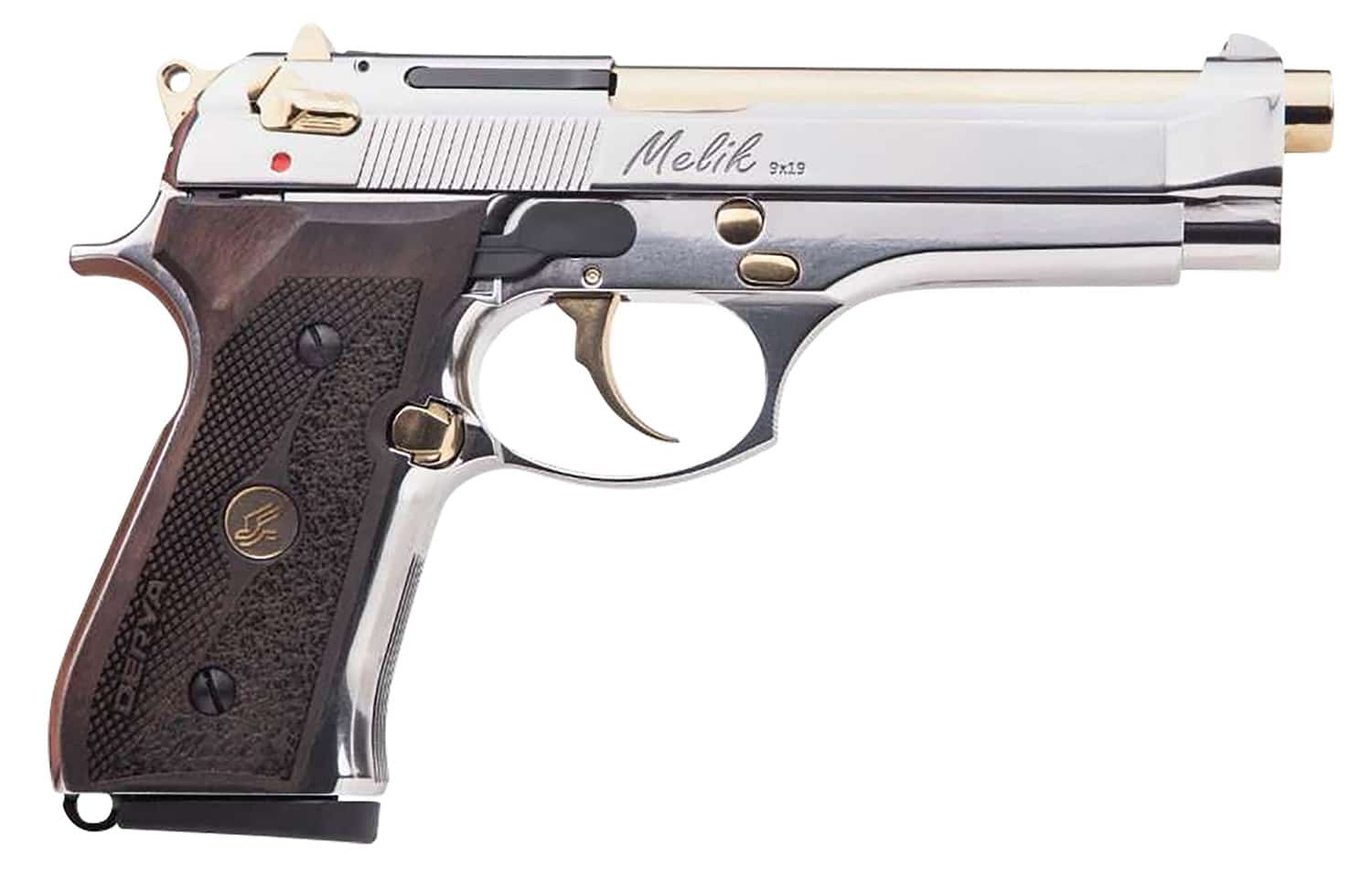 Derya Melik 9mm pistol with 4.9 inch Gold TiN barrel and aluminum frame