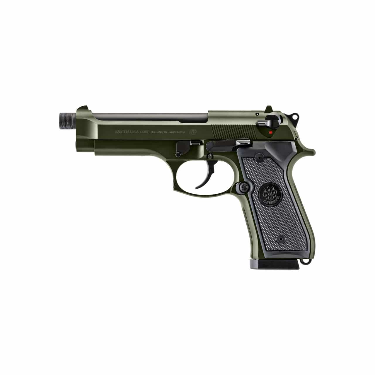 Beretta 92FS 9mm OD Green Cerakote pistol with threaded barrel and black polymer grips