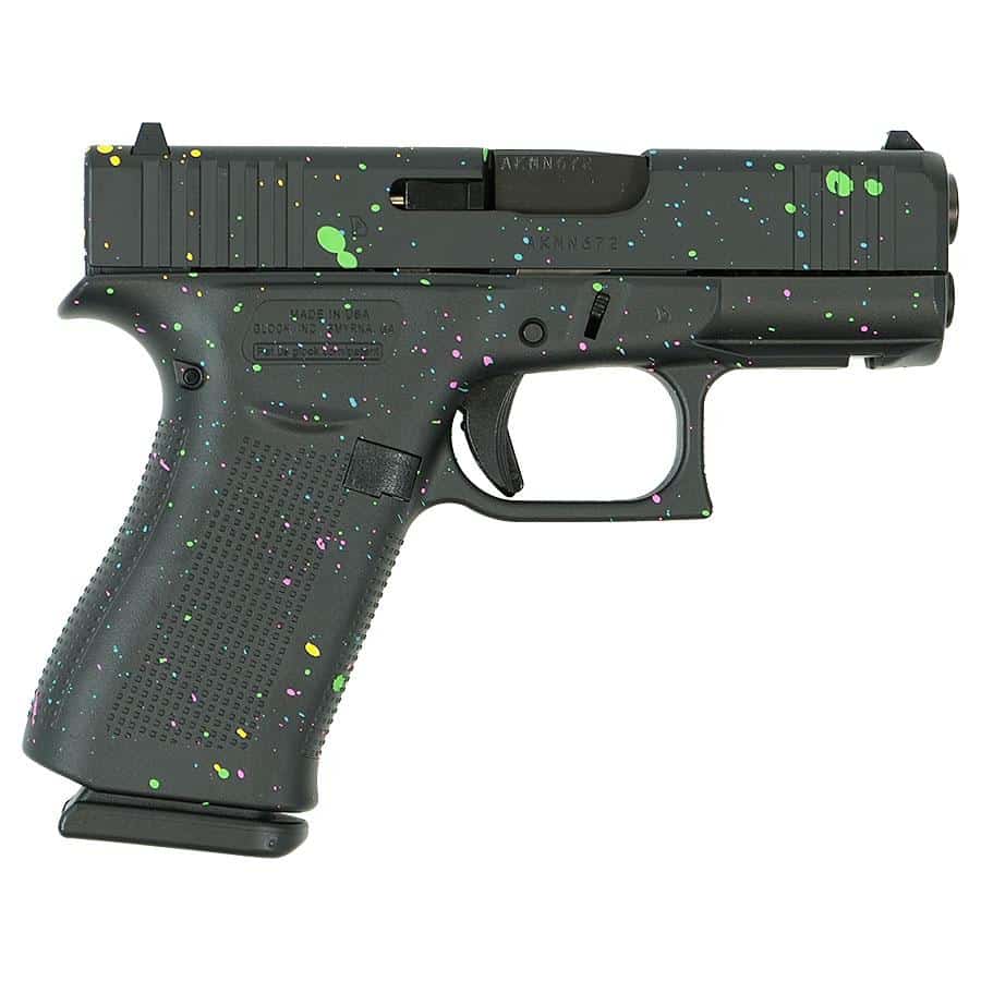Glock 43X Multi-Color Paint Splatter 9mm Luger handgun right-side view