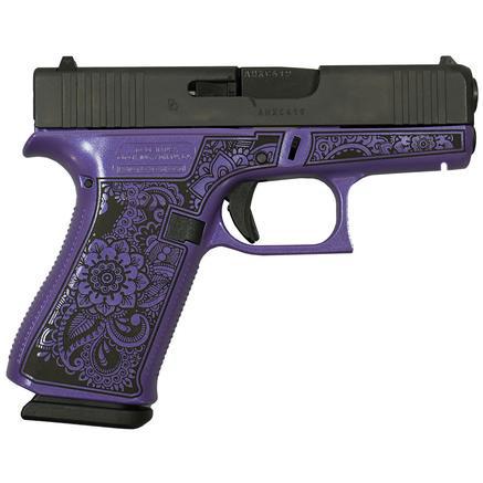 Glock 43X Mandala Purple Pearl Frame 9mm Luger handgun with engraved grip and accessory rail