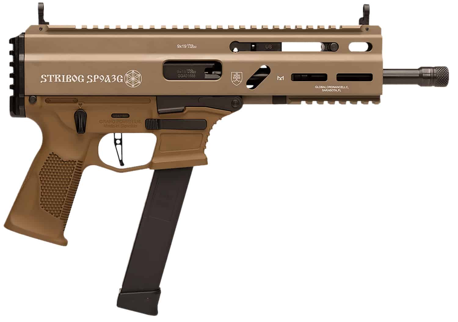 Grand Power Stribog SP9A3G 9mm pistol with 8-inch threaded barrel and M-LOK handguard