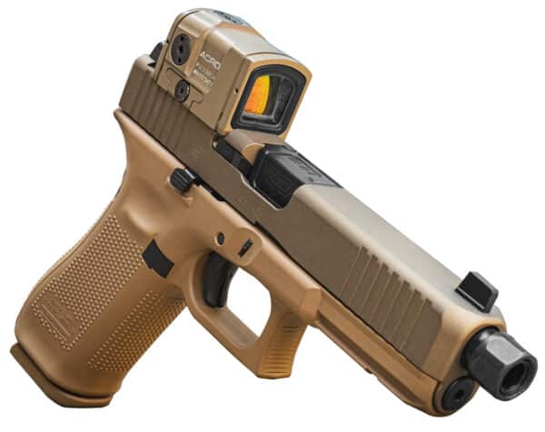 Glock G17 Gen5 9mm Luger full-size pistol with 4.49 inch threaded barrel and Aimpoint Acro on Flat Dark Earth frame