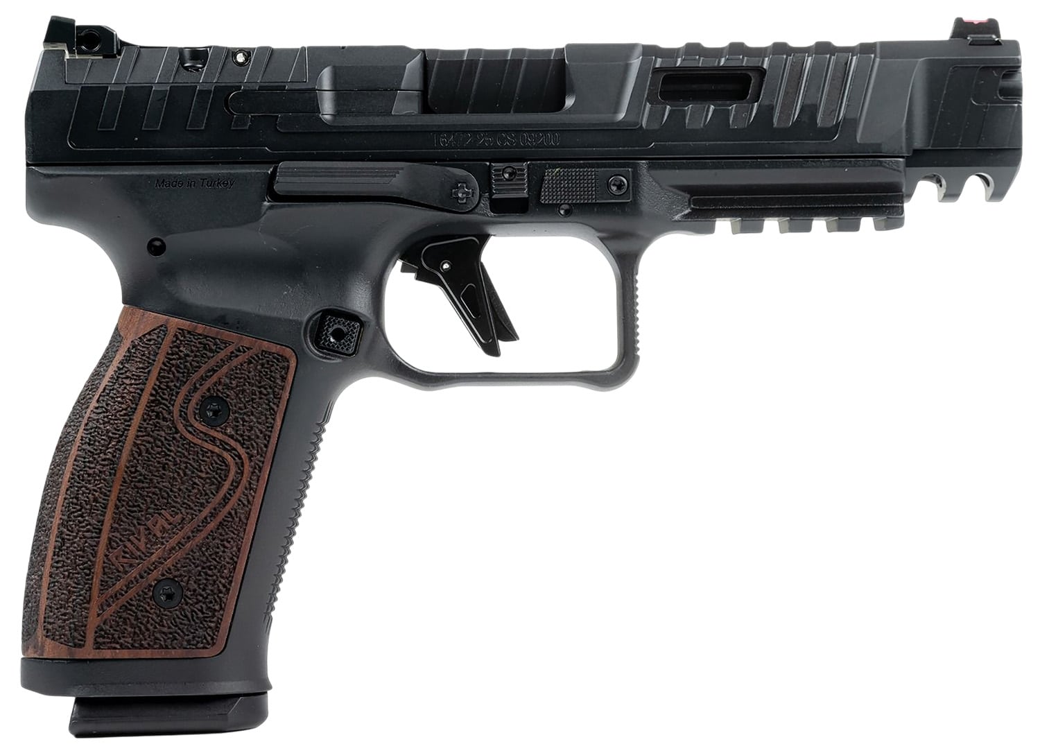 Canik SFX Rival-S 9mm pistol with 5-inch barrel and rosewood grips on black steel frame