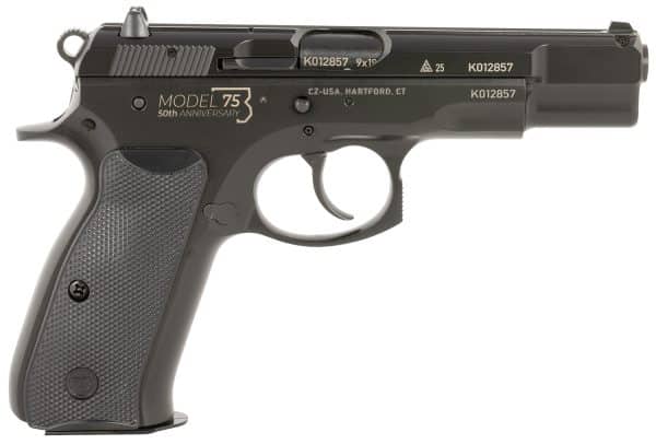 CZ-USA 91106 75 B 50th Anniversary 9mm Luger 16+1 4.60" Steel Barrel, Black Serrated Steel Slide Engraved w/50th Anniversary, Black Polycoat Steel Frame w/Beavertail, Black Plastic Grip