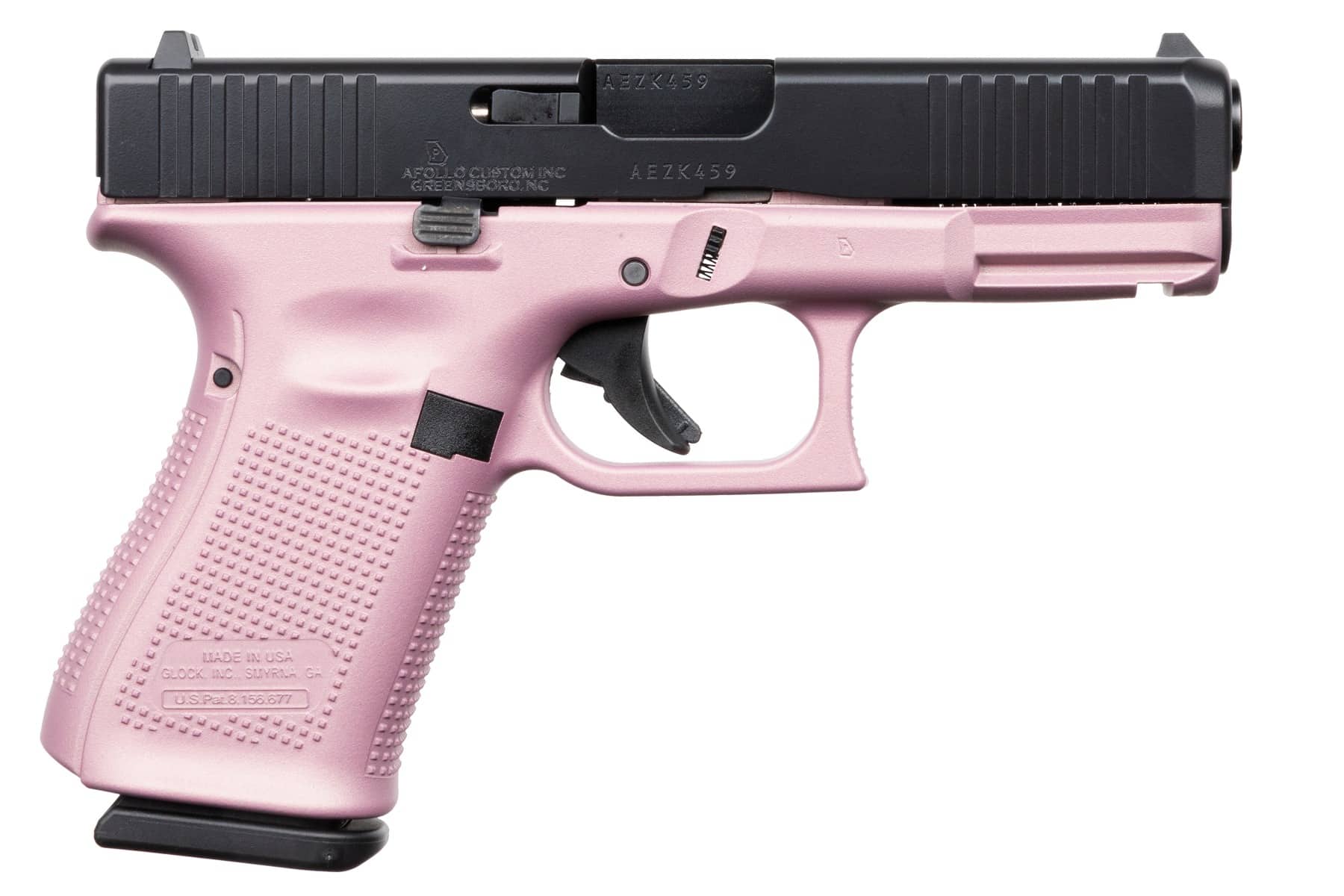 Apollo Custom GLK 19G5 9MM semi-auto handgun in pink and black finish, side view