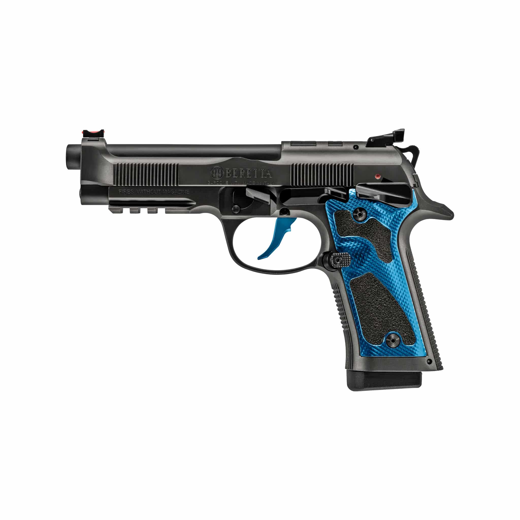 Beretta 92XI 9mm pistol profile with blued finish and fiber optic sights