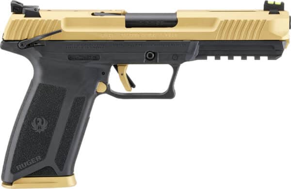 Ruger 5.7 semi-auto pistol with gold Cerakote slide and fiber optic front sight