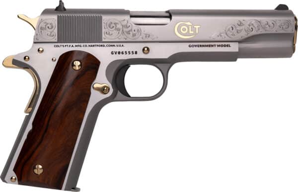 Cnc Firearms CNCCOLTRAMP Colt 1911 Rampant 45 ACP 7+1 5" Stainless Steel Barrel, Stainless w/Gold Plating Engraved w/Colt Pony Serrated Slide, Stainless w/Gold Accents Frame, Ironwood Grip