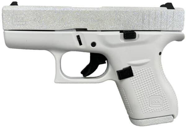 Glock G42 Gen3 380 ACP pistol with 3.25-inch barrel, Frost Glitter Cerakote slide, and textured polymer frame