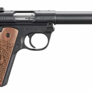 Ruger Mark IV .22 LR Collector's Series pistol with 5.5 inch threaded barrel and engraved walnut grips