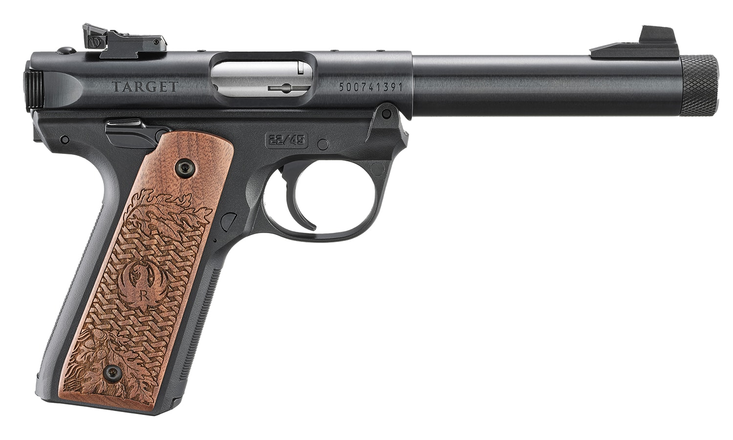 Ruger Mark IV .22 LR Collector's Series pistol with 5.5 inch threaded barrel and engraved walnut grips