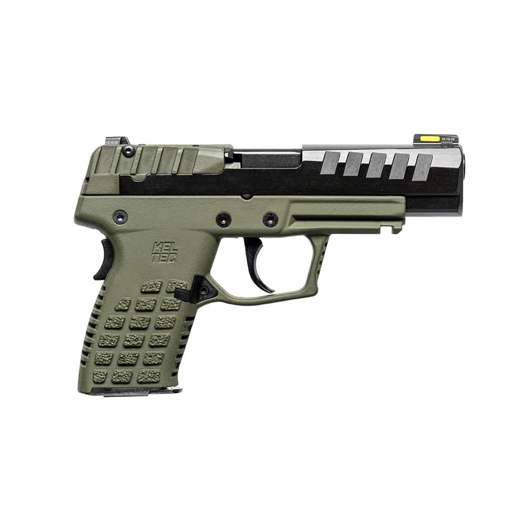 KelTec P15 9mm pistol CA-compliant green grip black slide 4-inch barrel hi-viz sights