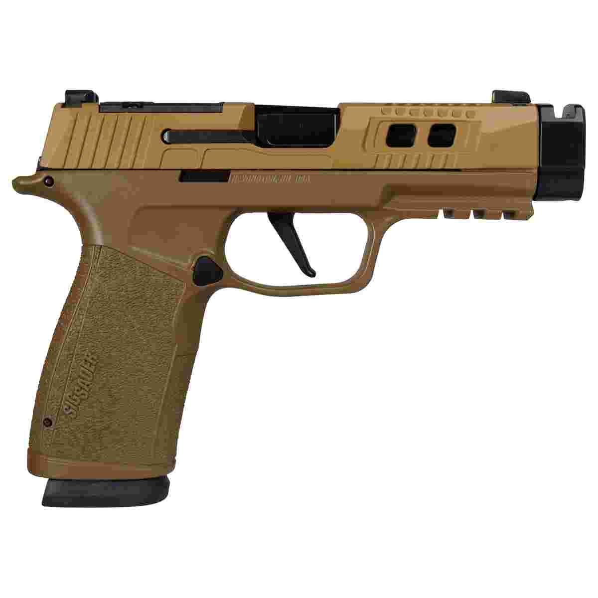 Sig Sauer P365 XMACRO TACOPS two-tone brown and black 9mm handgun with X-RAY3 sights