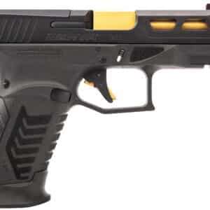 Derya DY9 9mm pistol black frame with gold barrel, right-side view