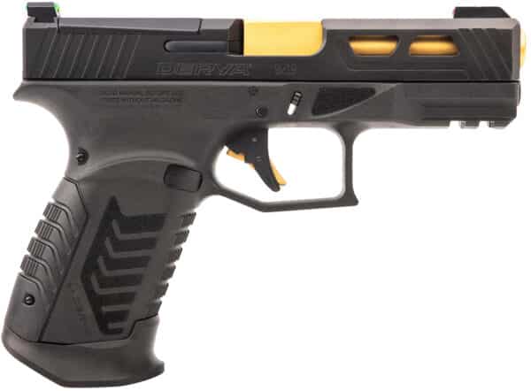 Derya DY9 9mm pistol black frame with gold barrel, right-side view