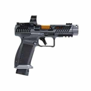 Canik TTI Combat 9mm pistol with MeCanik MO3 optic and ported 4.6 inch barrel in smoke/bronze finish