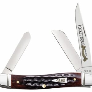Case 55232 Pocket Worn Stockman Medium Folding Clip Point/Pen/Sheepsfoot Plain Tru-Sharp SS Blade, Mahogany Corn Cob Jigged Bone Handle