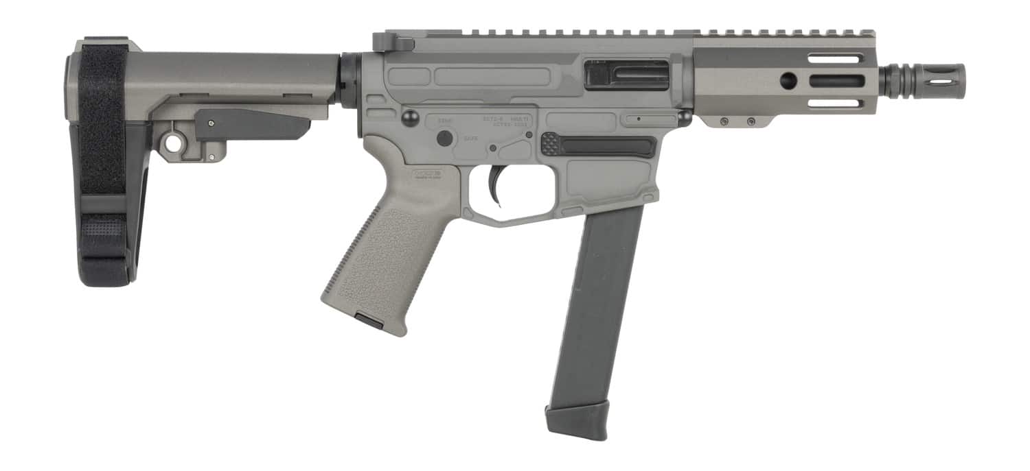 Shark Coast Tactical SCC06780SP9NGY Sneeky Pete 9mm Luger 30+1 5.50" Black Melonite Threaded Barrel, Gray Cerakote Receiver, SB Tactical SBA3 Brace