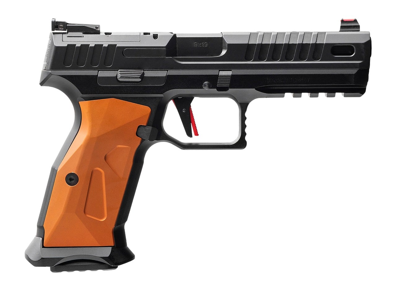 MAC 15000651 RA-9 Sport 9mm Luger 17+1 4.75" Black QPQ Tenifer Cerakote Steel Lightening Cut/Optic Ready Slide, Black Anodized Aluminum Frame w/Picatinny Rail, Orange Aluminum Grip, RMR Footprint