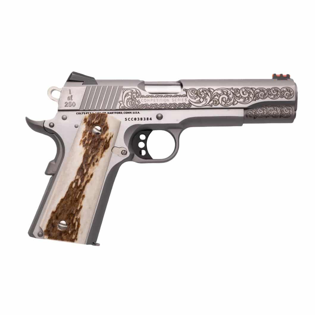 Colt Government Custom Engraved Competition Handgun .45 Auto 7rd Magazine 5" Barrel Stainless Finish Fiber Sight Stag Grips