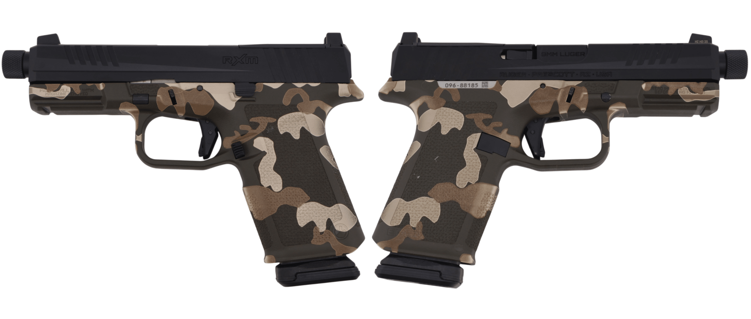 RUGER RXM THREADED 9MM PISTOL 4.5" BBL WOODLAND CAMO MAGPUL EHG, O.R. 2-15RD MAGS